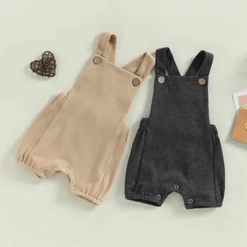Baru Lahir Musim Panas Pakaian Bayi Bayi Anak Perempuan Anak Laki-laki Kasual Baju Monyet Jumpsuit Warna Solid Tanpa Lengan Tali Ikat Celana Pendek dengan Kantong