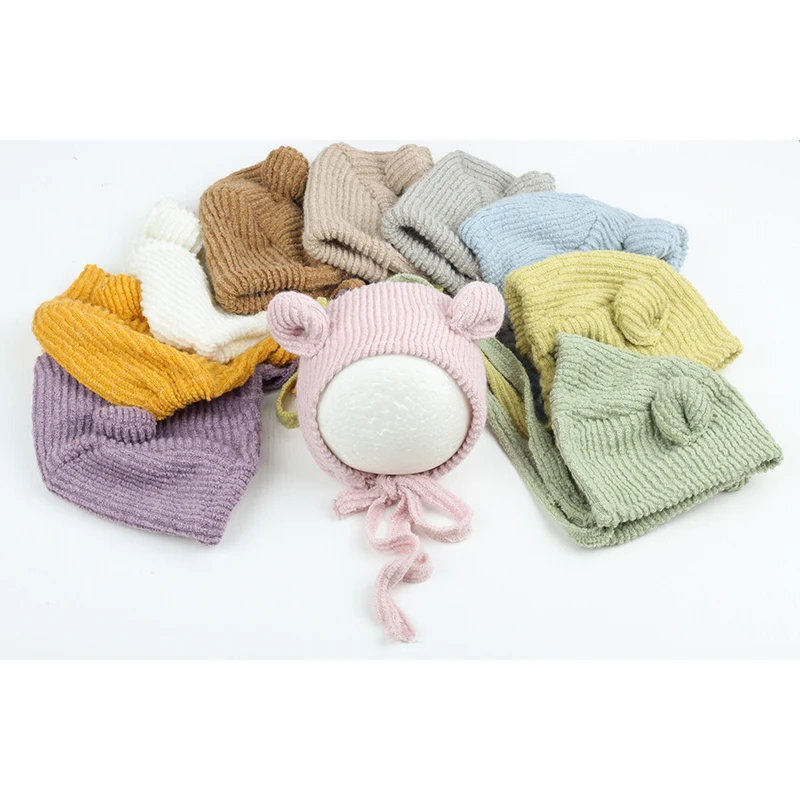 Baru Kedatangan Topi Fotografi Bayi Pompom Bulu Kelinci Topi Korduroi Bayi Musim Gugur Musim Dingin Topi Beruang Alat Peraga Foto Bayi Baru Lahir - 4