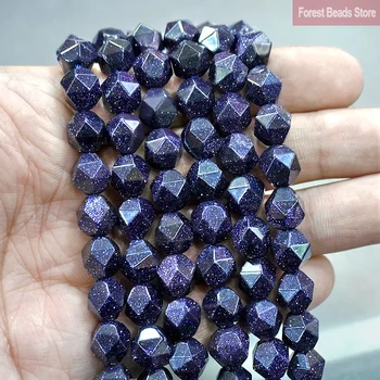 Batu Alam Segi Batu Pasir Biru Tua Manik-manik Spacer Longgar Aksesori Gelang DIY untuk Pembuatan Perhiasan 14 