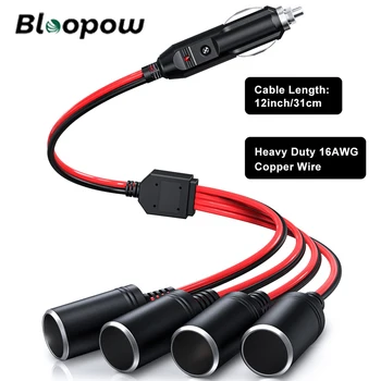 Bloopow 16AWG 1 hingga 4 Port Pengisi Daya Adaptor Pembagi Pemantik Rokok Mobil Kabel Ekstensi Pemantik Rokok 12V/24V