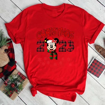Blus Wanita Natal Disney 2023 Mode Minnie Print Pakaian Keluarga Tahun Baru Bahagia Kaus Anak-anak Hadiah Kaus Pesta Natal Merah