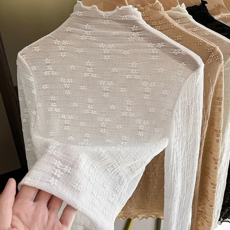Blus Bawah Renda Jaring Putih Wanita Musim Semi Musim Gugur Kemeja Gaya Prancis Ramping Desain Jaket Kerah Setengah Tinggi Seksi - 0