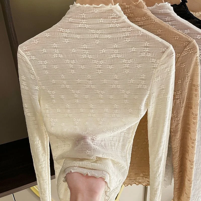 Blus Bawah Renda Jaring Putih Wanita Musim Semi Musim Gugur Kemeja Gaya Prancis Ramping Desain Jaket Kerah Setengah Tinggi Seksi - 3