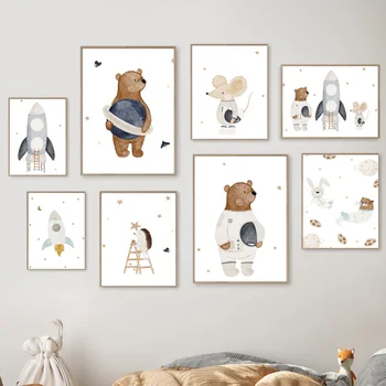 Boho Roket Luar Angkasa Beruang Landak Tikus Kelinci Pembibitan Dinding Seni Lukisan Kanvas Poster dan Cetakan Gambar Dinding Dekorasi Kamar Bayi