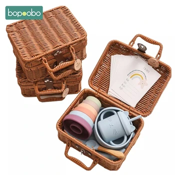 Bopoobo Set Kotak Peralatan Makan Makan Bayi Hadiah Set Mainan Penumpuk Pelangi Silikon Bayi Hadiah Kotak Antik Kelahiran Bayi