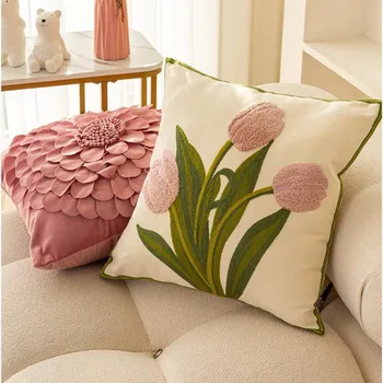 Bordir Bunga Sarung Bantal Merah Muda Kuning Lavender Tulip Sarung Bantal 45X45 Cm / 30X50 Cm Dekorasi Rumah Sarung Bantal Sofa