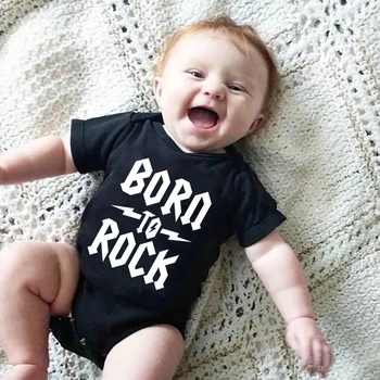 Born To Rock Bayi Baru Lahir Bodysuit Bayi Katun Lengan Pendek Pakaian Bayi Laki-laki Lucu Jumpsuit Pakaian Bayi Baby Body Rock