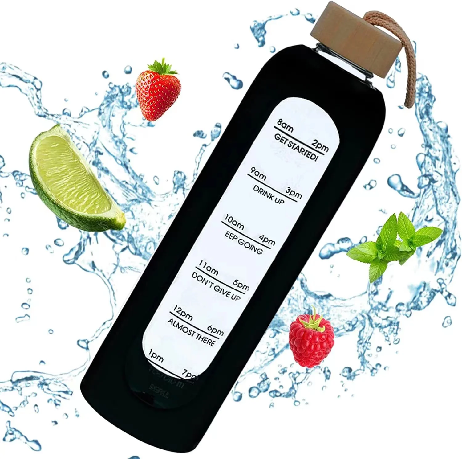 Botol Air Kaca Kreatif 1000ml dengan Penanda Waktu Botol Minum Anti Bocor dengan Selongsong Silikon dan Tutup Bambu Bebas BPA - 5