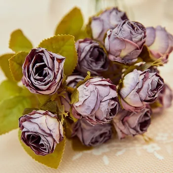 Buatan Dibakar Mawar 12 Kepala Sutra Vintage Bunga Gothic Rose Bouquet untuk Pernikahan Vas Meja Centerpiece DIY Hadiah Dekorasi Pesta
