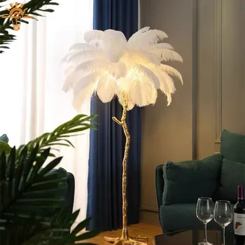 Bulu Burung Unta Lampu Lantai LED Putih Lampu Bulu Ruang Tamu untuk Kamar Tidur Sakelar Kaki Dekorasi Ruang Sofa Lampu Berdiri