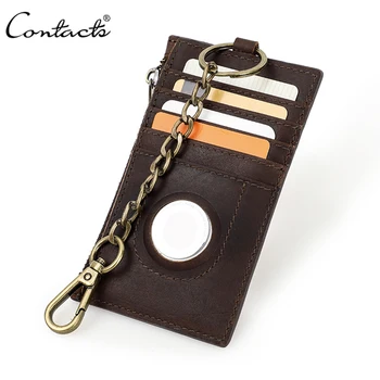 CONTACT'S Dompet Pemegang Kartu Pria Kulit Asli Gantungan Kunci RFID Mini Penutup Tag Udara Anti Hilang Saku Koin Wadah Kartu Ramping Dapat Diminum