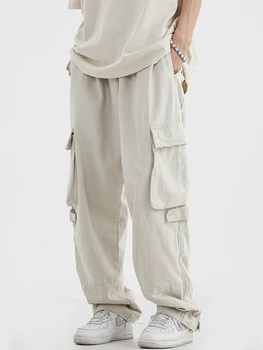 Celana Kargo Hitam HOUZHOU untuk Pria Celana Kargo Putih Hip Hop Pria Vintage Streetwear Jepang Ritsleting Saku Gaya Safari Kasual