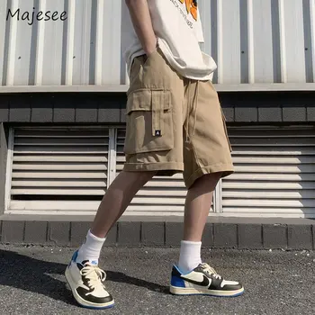 Celana Pendek Pria Kargo Busana Jepang Longgar Musim Panas Kasual S-5XL Pakaian Harajuku Saku Selutut Streetwear Lazim Klasik
