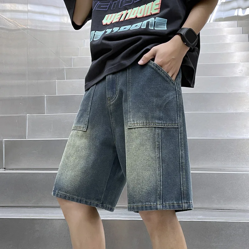 Celana Pendek Pria Lurus Hip Hop Longgar Musim Panas Celana Pendek Kargo Denim Modis Celana Lima Bagian Kasual Celana Pria Celana Dalam - 3