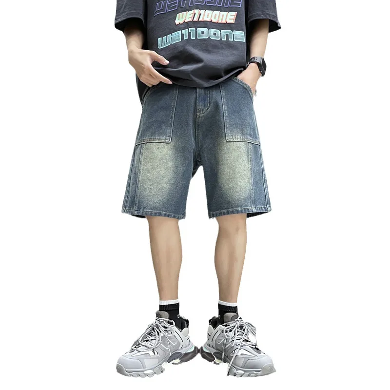 Celana Pendek Pria Lurus Hip Hop Longgar Musim Panas Celana Pendek Kargo Denim Modis Celana Lima Bagian Kasual Celana Pria Celana Dalam - 4