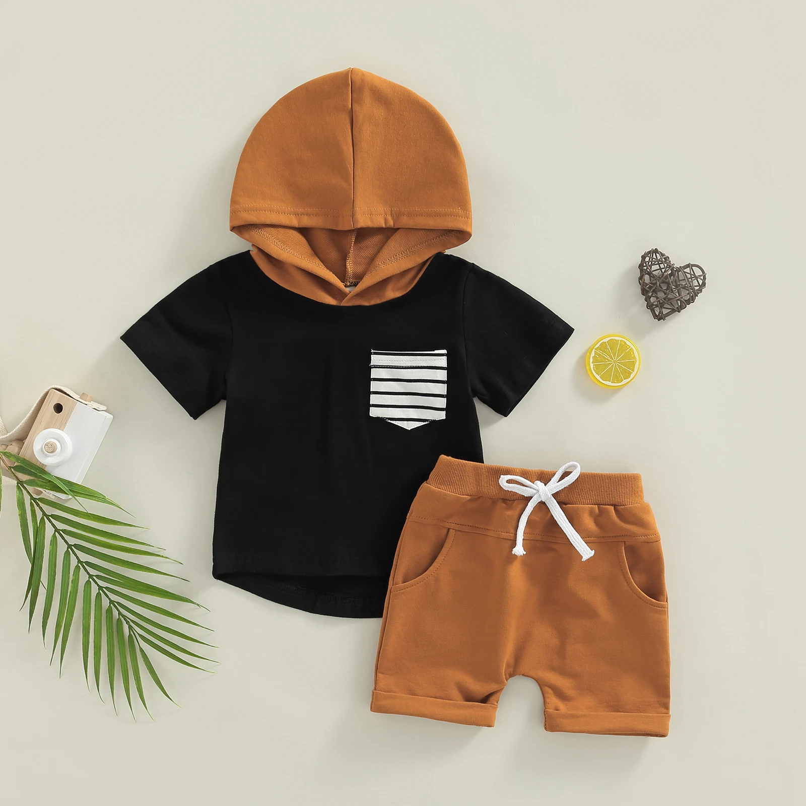 Citgeett Pakaian Anak Laki-laki Musim Panas Bergaris Atasan Hoodie Lengan Pendek Saku dan Set Pakaian Celana Pendek Kasual - 1