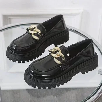 Comemore Sepatu Oxford Rantai Logam Slip On Antik untuk Wanita Sepatu Pantofel Wanita Platform Musim Semi 2023 Flat Wanita Baru Lolita Mary Jane