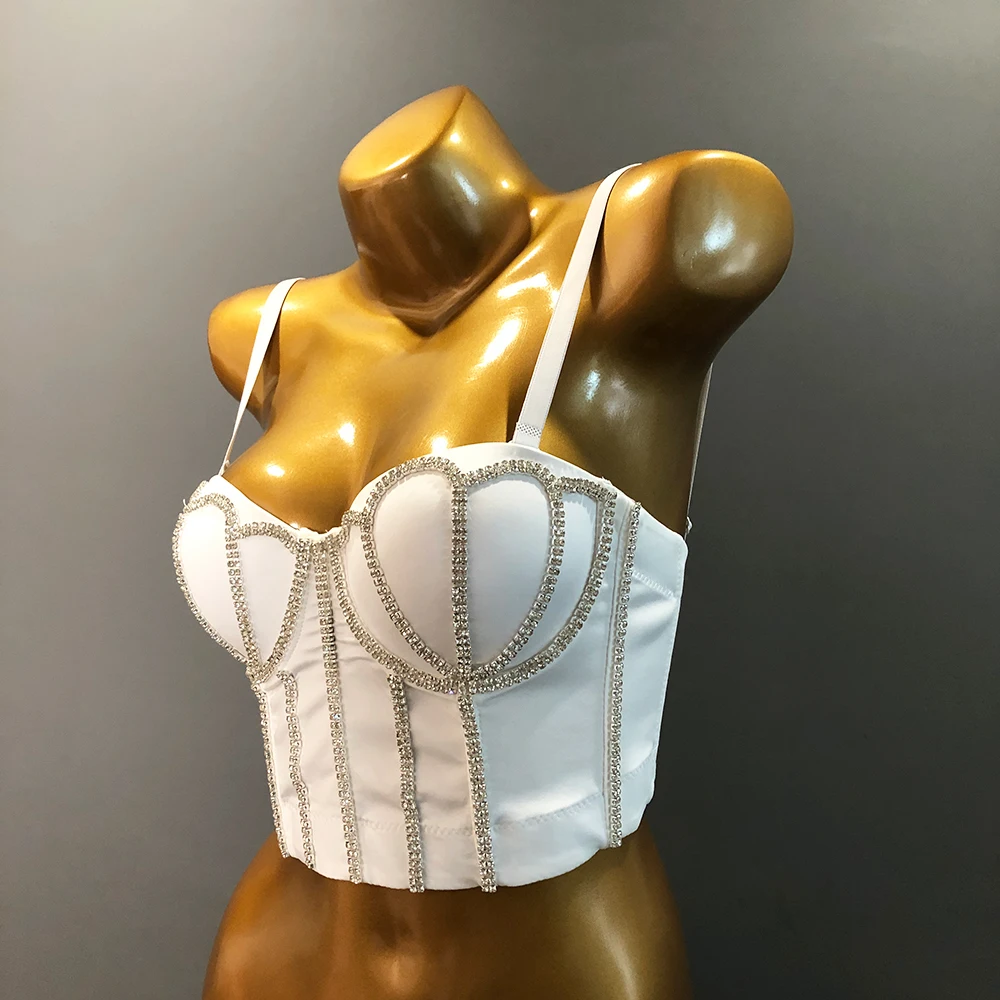 Cupnaya Buatan Tangan Wanita Glitter Diamante Crop Top Seksi Push-Up Bustier Clubwear Pendek Korset Bralette Rompi Ban Dalam Hitam Putih - 3