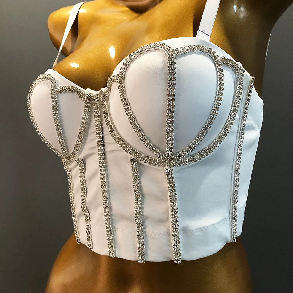 Cupnaya Buatan Tangan Wanita Glitter Diamante Crop Top Seksi Push-Up Bustier Clubwear Pendek Korset Bralette Rompi Ban Dalam Hitam Putih - 4