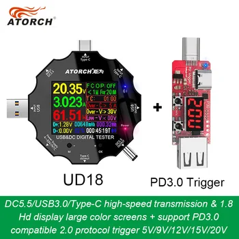 DC5. 5 USB 3.0 Tipe-C 18 in 1 Penguji USB pengukur tegangan volt digital dc pengukur tegangan volt pengisi daya bank daya +Pemicu protokol PD3.0 / 2.0
