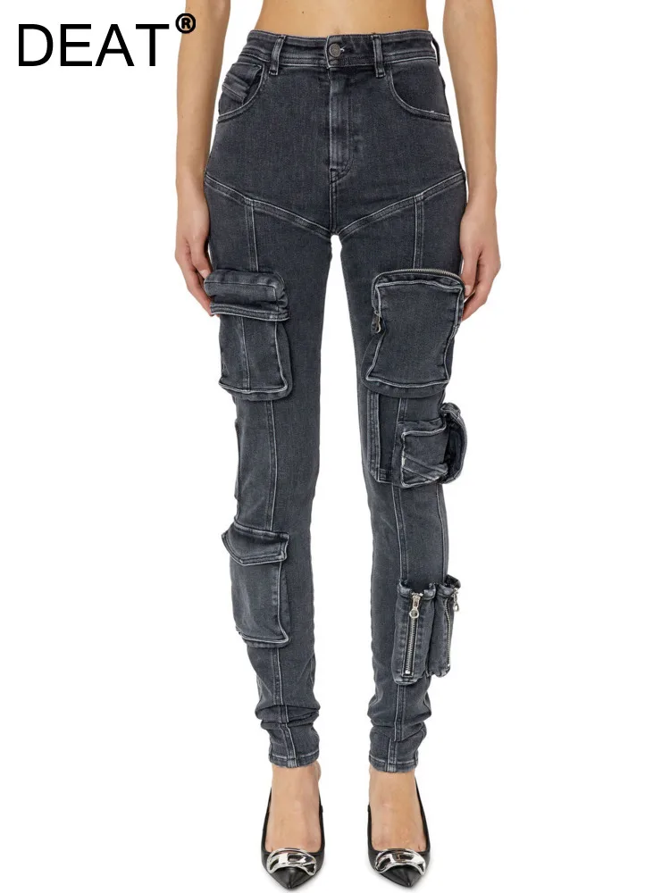 DEAT Jeans Wanita Fashion Ritsleting Kaki Bagian Bawah Ramping Elastis Tinggi Dapat Dibuka menjadi Celana Berkobar Denim Musim Semi 2023 Baru 17A3777H - 0