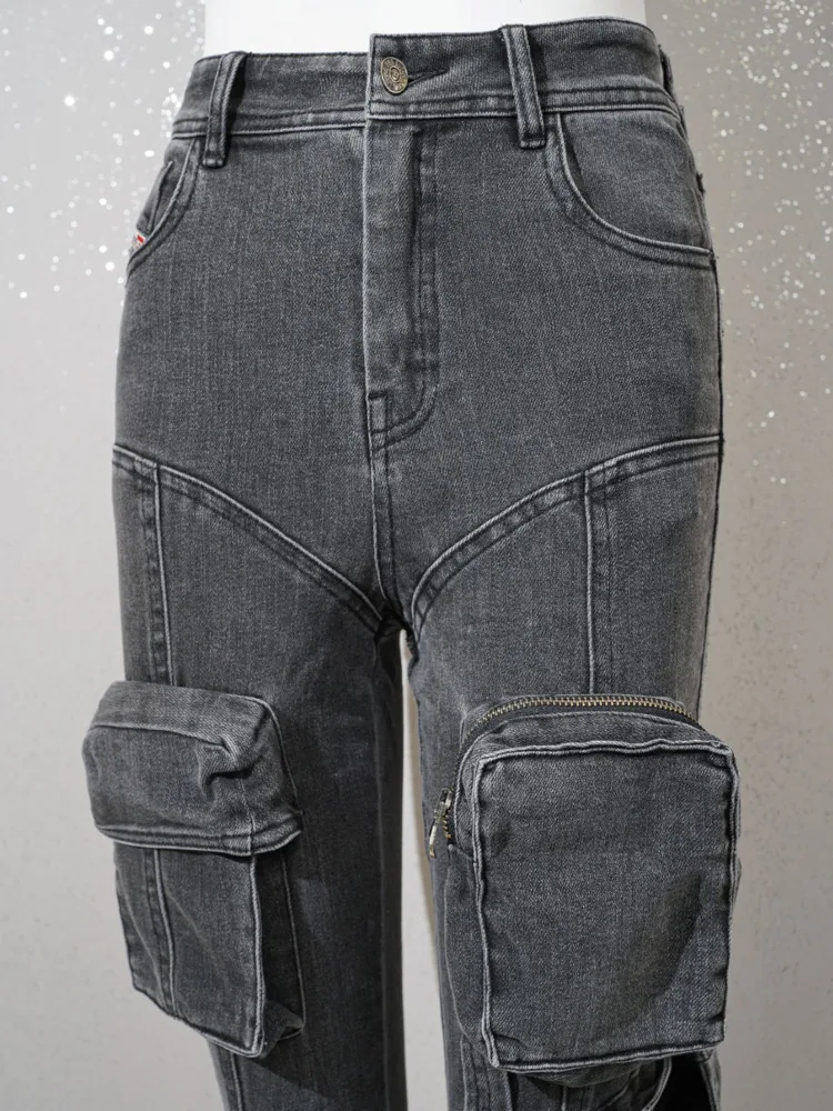 DEAT Jeans Wanita Fashion Ritsleting Kaki Bagian Bawah Ramping Elastis Tinggi Dapat Dibuka menjadi Celana Berkobar Denim Musim Semi 2023 Baru 17A3777H - 4