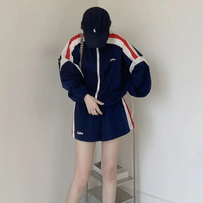 Deeptown Jaket Gaya Korea Set Dua Potong Wanita Y2k Streetwear Oversize Vintage Harajuku Jalur Luar Ruangan Pemblokiran Uv Kausal Tipis - 3
