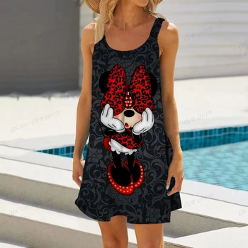 Disney Minnie Mouse Kartun Cetak Boho Wanita Gaun Fashion V Leher Tanpa Lengan Gaun Musim Panas Hem Longgar Gaun Pantai Gaun Elegan