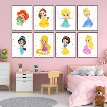 Disney Princess Dinding Seni Kanvas Lukisan Putri Nursery Dekorasi Poster dan Cetakan Kamar Tidur Cat Air Mural Bayi Seni Cuadros