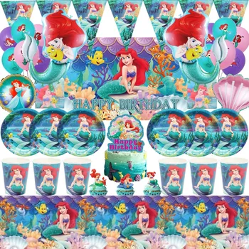 Disney Princess Mermaid Ariel Dekorasi Pesta Ulang Tahun Anak-anak Peralatan Makan Sekali Pakai Balon Latar Belakang Perlengkapan Baby Shower Acara