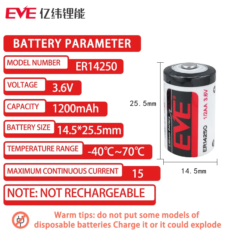 EVE ER14250 3.6 V 1 / 2AA Tidak Ada Baterai Lithium Primer yang Dapat Diisi Ulang untuk PLC Servo Sbsolute Value Encoder Pengontrol Suhu Probe - 1