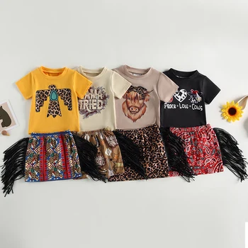 FOCUSNORM 0-4Y Set Pakaian Anak Perempuan Balita Kaus Lengan Pendek Huruf/Macan Tutul/Kepala Sapi Rok Cetak Rumbai 2 Buah Set