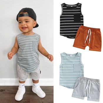 FOCUSNORM 3 Warna Set Pakaian Musim Panas Bayi Laki-laki 0-24M Rompi Cetak Bergaris Tanpa Lengan + Celana Pendek Serut Padat