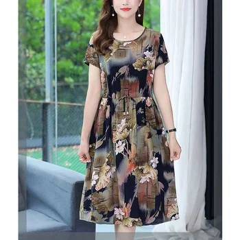 Fashion O-Neck Dicetak Lipatan Longgar Gaun Bunga Korea Pakaian Wanita Musim Panas 2023 Gaun Kasual Lengan Pendek Kebesaran Baru Musim Panas