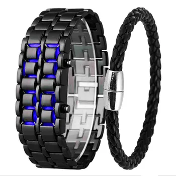 Fashion Sport Watch Pria Jam Kuarsa Logam Digital Besi Logam Biru LED Samurai untuk Pria Biner Lava Watch Relogio Masculino