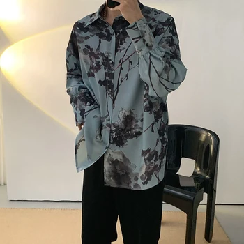 Fashion Streetwear Korea Cetak Longgar Turn-Down Kerah Pria Lengan Panjang Pakaian Pria Tombol Musim Semi Musim Panas Tipis Kemeja Atasan