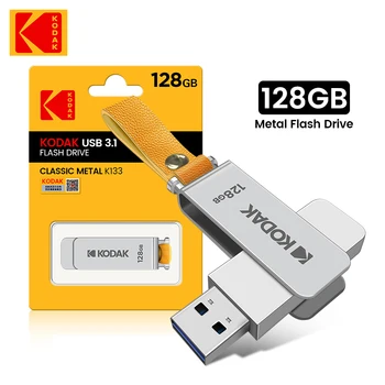 Flash Drive USB 3.1 Kodak Asli K133 Tongkat U Berputar 256GB 128GB 64GB Tali Kulit Stik Memori untuk Kunci