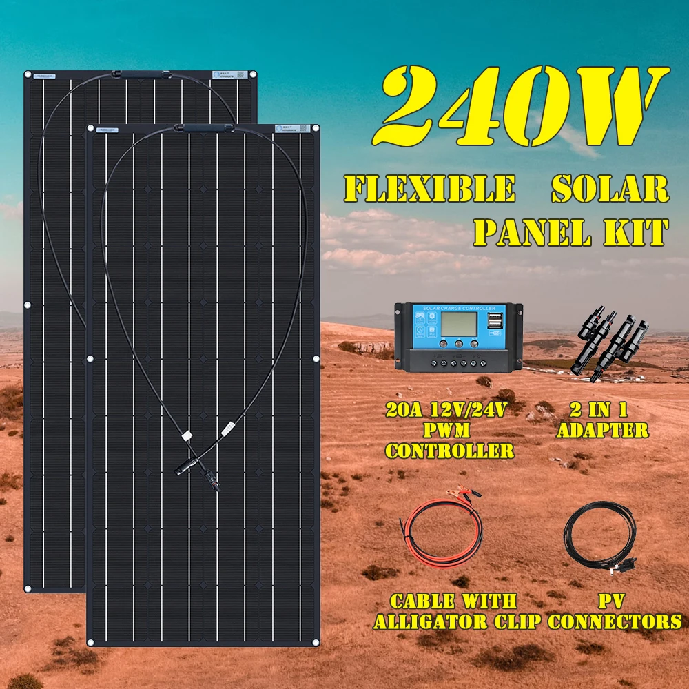 Fleksibel Panel Tenaga Surya / Solar Panel 12 V Kit 240 W 360 W 480 W 600 W 720 W Charge Controller Kabel untuk Baterai RV Trailer Perahu Kabin Caravan Truk - 0
