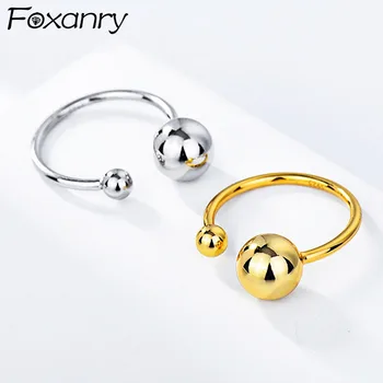 Foxanry Minimalis Warna Perak Cincin untuk Wanita Baru Fashion Kreatif Asimetri Bulat Manik-manik Pesta Perhiasan Hadiah Grosir