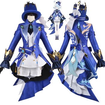 Game Genshin Impact Furnia Focalors Kostum Cosplay Fontaine Topi Visi Seragam Biru Dewa Keadilan Hydro Set Lengkap untuk Wanita Pria