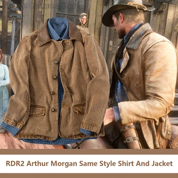 Game RDR2 Arthur Morgan Jaket Gaya Yang Sama Kostum Cosplay Denim Barat Jaket Coklat dan Kemeja Biru Untuk Pria