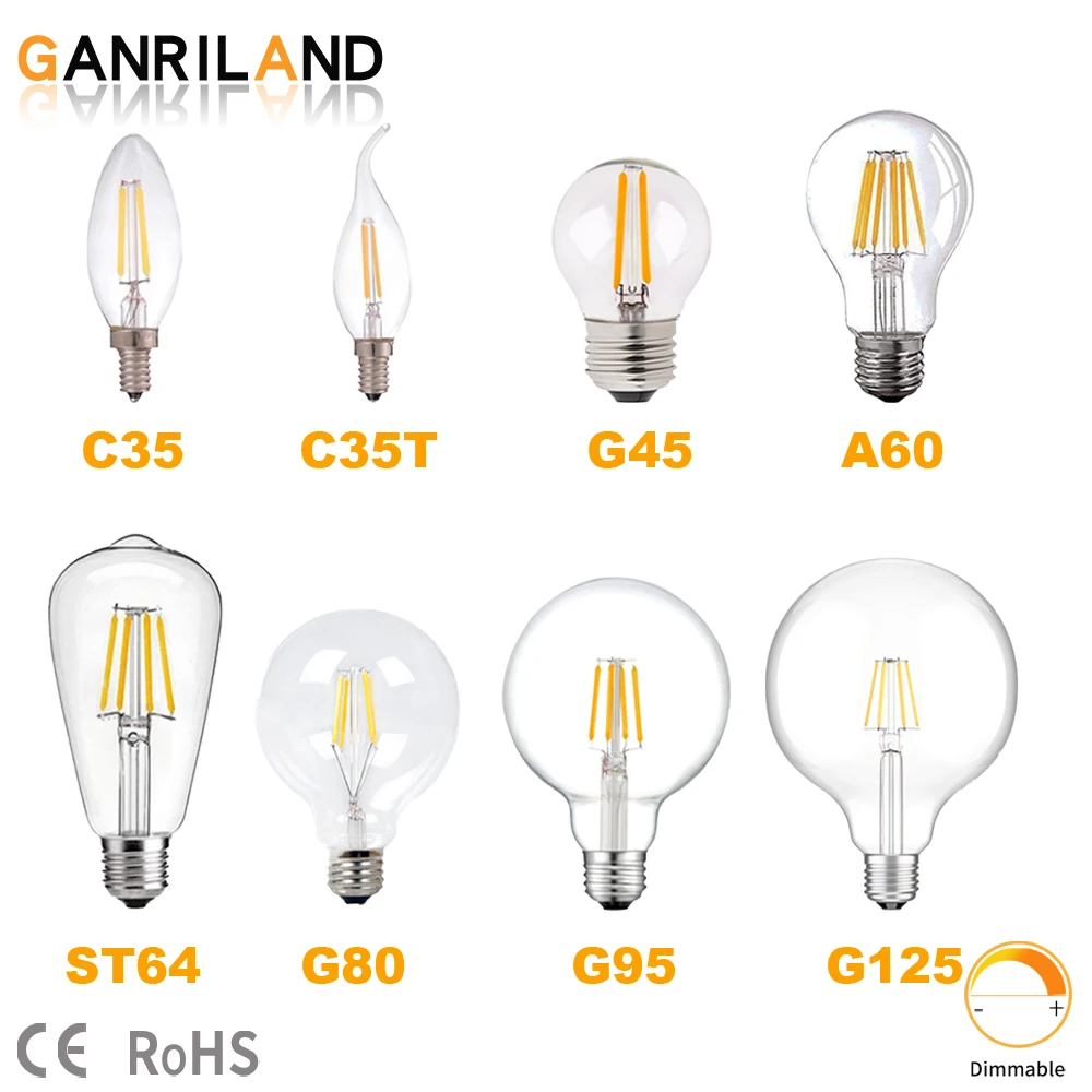 Ganriland E27 E14 Edison Lampu Bohlam Filamen LED Bohlam Lampu 220V C35 G45 A60 ST64 G80 G95 G125 Bohlam Kaca Lampu Lilin Antik - 0