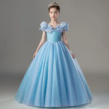 Gaun Acara Formal Anak-anak untuk Anak Perempuan Kostum Putri Gaun Pesta Mewah Panjang 2023 Kontes Malam Anak-anak Gaun Biru Cosplay