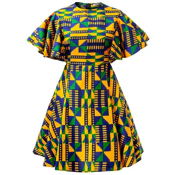 Gaun Afrika untuk Wanita Upacara Baru 2023 Gaun Ramping Lengan Teratai Cetak Kente Kualitas Tinggi Pakaian Pesta Tradisional Nigeria
