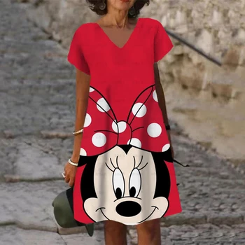 Gaun Bermotif Disney Minnie dan Mickey Mouse Lengan pendek Wanita 2023 Gaun Panjang Sedang Longgar Baru Musim Panas Wanita Fash