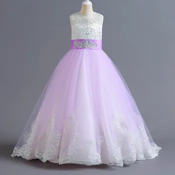 Gaun Bunga Renda Gadis Elegan Gaun Panjang Busur Bunga Bordir Payet Gaun Pesta Pernikahan Anak-anak 6-14T Kostum Tahun Baru Anak-anak