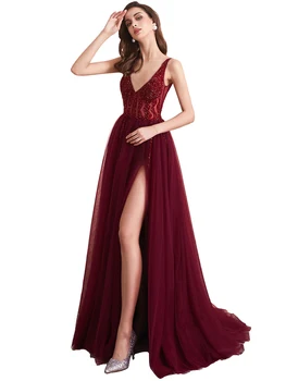 Gaun Malam Kristal Manik-manik Gaun Pesta Prom Formal Celah Samping Tali Spaghetti Leher V Seksi 2023 untuk Wanita