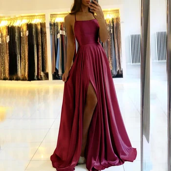 Gaun Malam Panjang Belahan Samping Tanpa Punggung Seksi 2023 Gaun Pesta Prom Satin Pita Silang Halter Elegan Vestidos De Gala