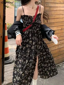 Gaun Wanita Gambar Manis Harajuku Tali Spaghetti Wanita Di Dalam Liburan Vestidos Pakaian Pesta Musim Panas Vintage Desain Celah Samping