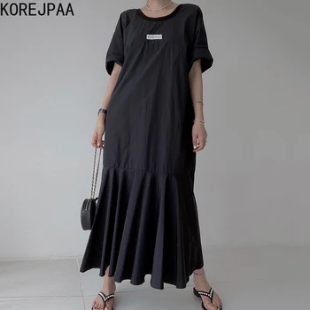 Gaun Wanita Korejpaa 2021 Busana Korea Chic Serbaguna Desain Stiker Huruf Leher O Bagian Belakang Dilubangi Longgar Fishtail Vestidos